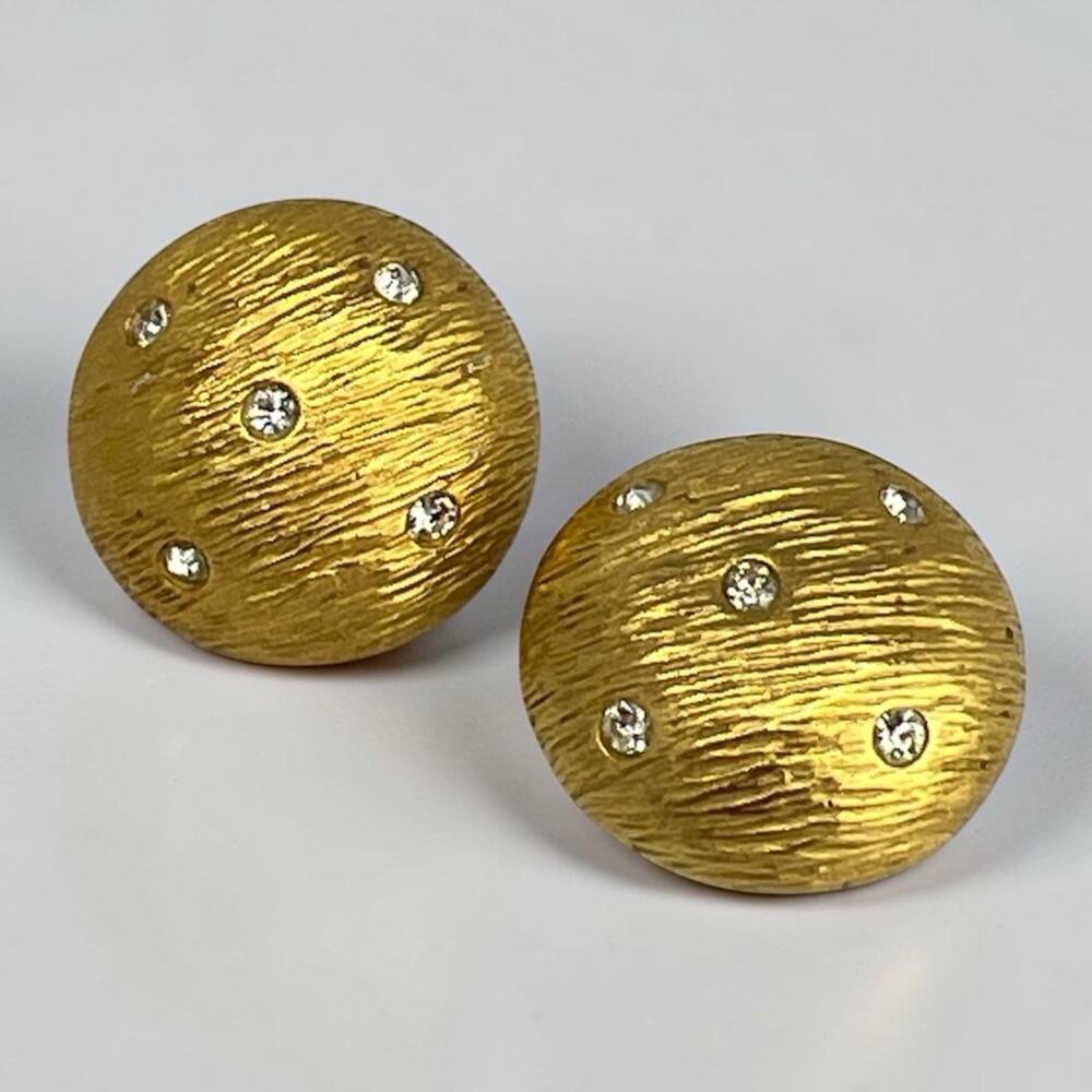 Vintage 80s Gold Tone Rhinestone Statement Dome Button Clip On Earrings